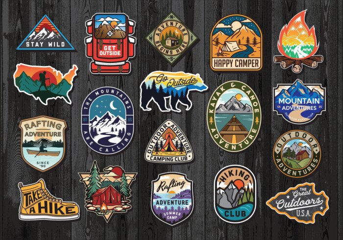 Sticker Set of Vintage Outdoor Summer Camp Logo Patches on Wood board. Hand drawn and vector emblem designs. Great for shirts, stamps, stickers logos and labels.