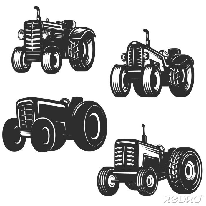 Sticker Set Retro Traktorikonen. Gestaltungselemente für Logo, Label, Emblem, Zeichen. Vektor-Illustration