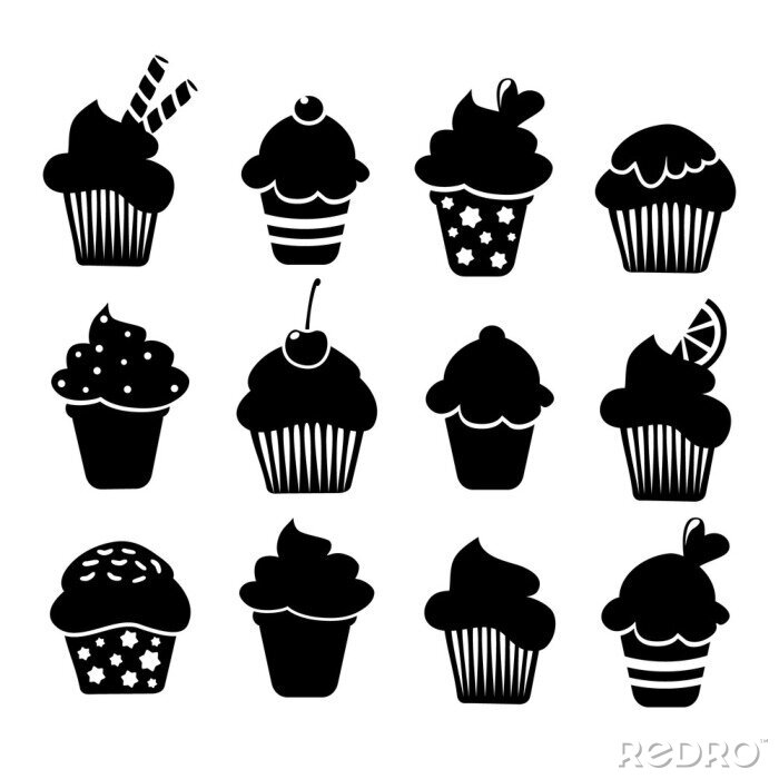 Sticker Set schwarze Cupcakes Icons, Vektor-Illustrationen isoliert