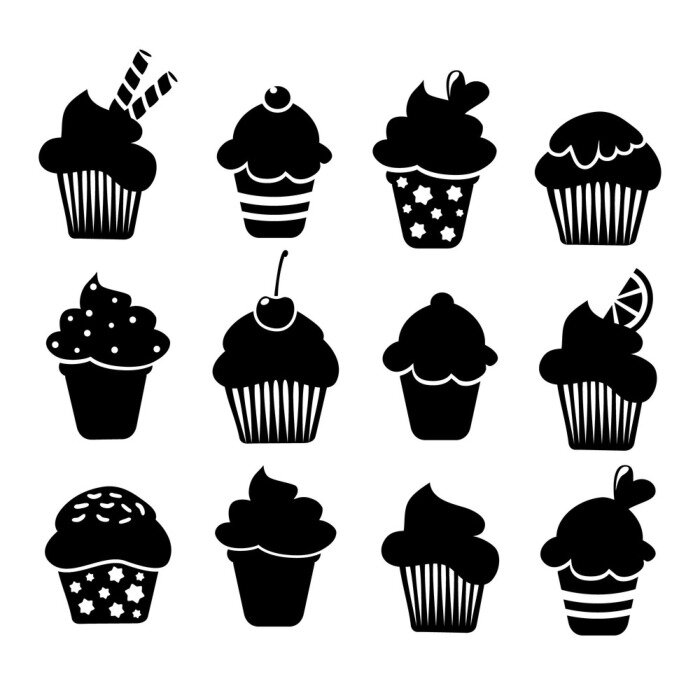 Sticker Set schwarze Cupcakes Icons, Vektor-Illustrationen isoliert