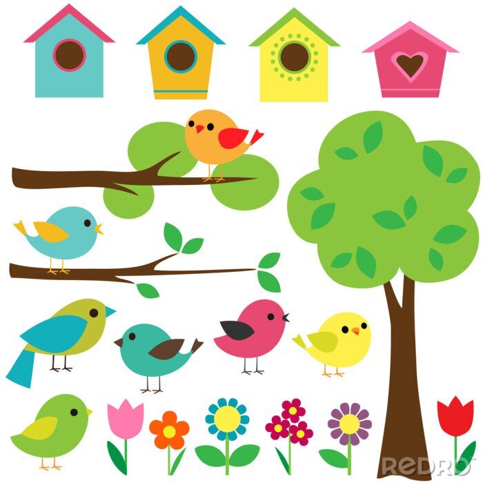 Sticker Set Vögel mit Vogelhäuschen, Bäumen und Blumen.