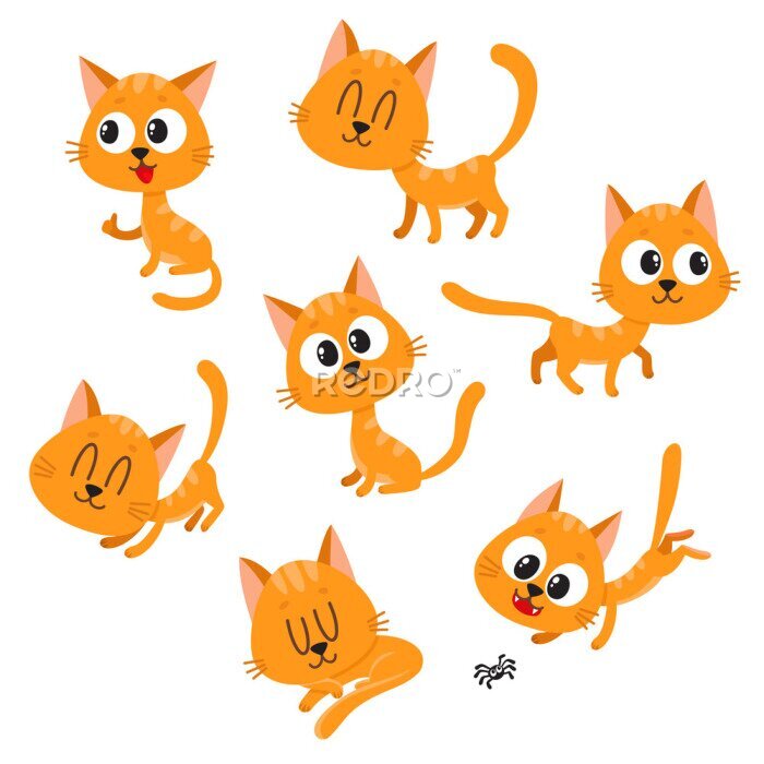 Sticker Set von niedlichen und lustigen roten Katze Charakter zeigt verschiedene Emotionen, spielen, schlafen, sitzen, stehen, Cartoon Vektor-Illustration isoliert auf weißem Hintergrund. Netter und lustiger 