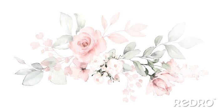 Sticker Set watercolor arrangements with roses. collection garden pink flowers, leaves, branches, Botanic  illustration isolated on white background.