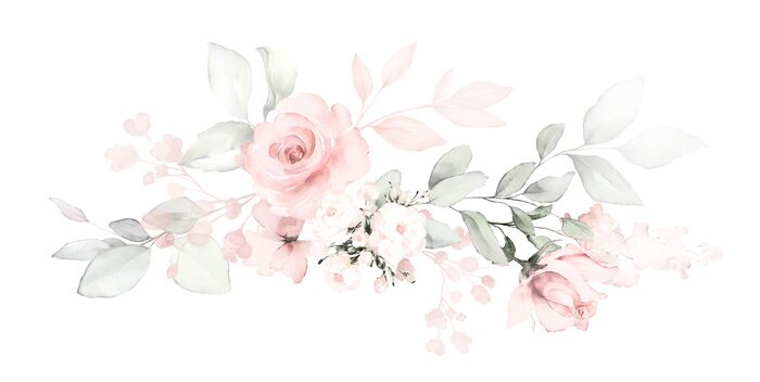 Sticker Set watercolor arrangements with roses. collection garden pink flowers, leaves, branches, Botanic  illustration isolated on white background.