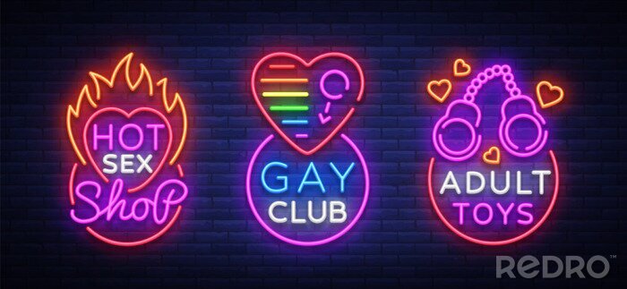 Sticker Sex-Shop-Reihe von Logos in Neon-Stil. Leuchtreklame-Sammlung, homosexueller Verein, erwachsene Spielwaren, Designschablone, helle Fahne auf dem Thema der Sexindustrie, helle Neonwerbung. Vektor-Illus