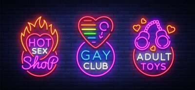 Sticker Sex-Shop-Reihe von Logos in Neon-Stil. Leuchtreklame-Sammlung, homosexueller Verein, erwachsene Spielwaren, Designschablone, helle Fahne auf dem Thema der Sexindustrie, helle Neonwerbung. Vektor-Illus