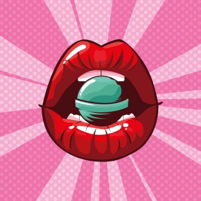 Sticker sexy woman lips with candy pop art style