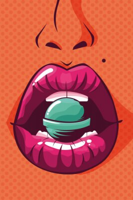 Sticker sexy woman lips with candy pop art style