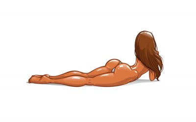 Sticker Sexy young girl in a bikini with a beautiful round booty and long legs lies on belly with buttocks up. Nude Woman with wet tanned skin, athletic body and erotic ass. Back, rear view. Isolated vector
