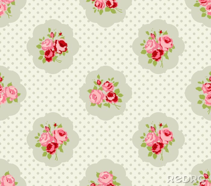 Sticker Shabby Chic mit rosa Blumen und grauen Tupfen