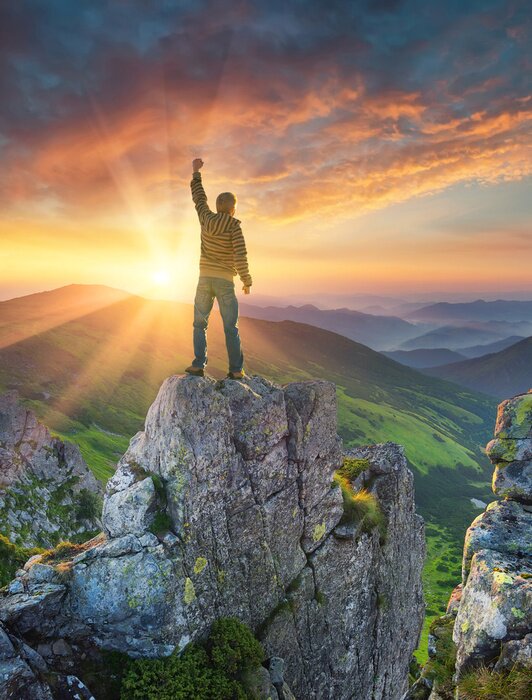 Sticker Silhouette eines Champions auf Bergspitze. Aktives Leben Konzept.