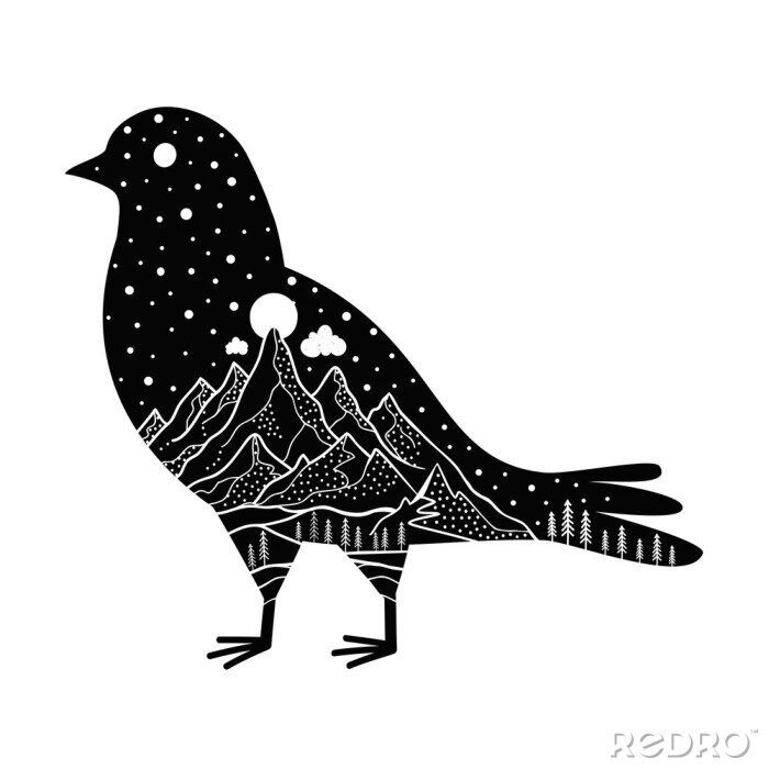 Sticker Silhouette eines Vogels mit einer Landschaft