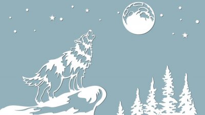 Sticker Silhouette eines Wolfs auf dem Steilhang und Mond