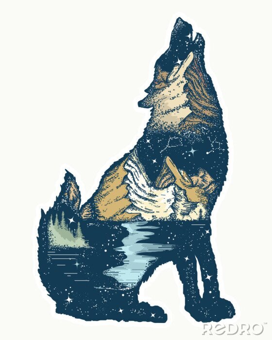 Sticker Silhouette eines Wolfs mit Berglandschaft gefüllt