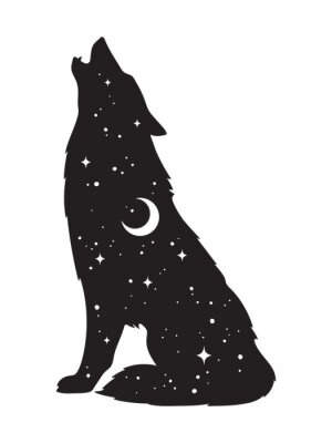 Silhouette eines Wolfs mit Sternen und Mond gefüllt