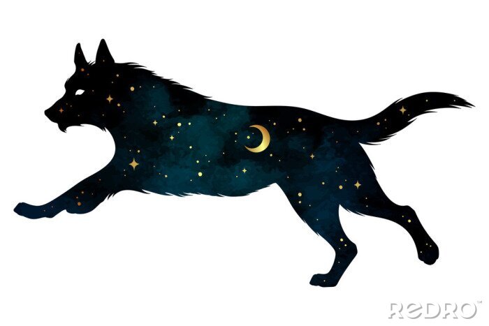 Sticker Silhouette eines Wolfs Nachthimmel mit Sternen