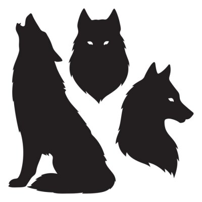 Silhouette eines Wolfs und Kopf eines Wolfs schwarz