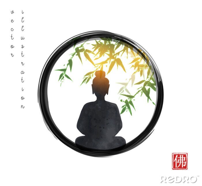 Sticker Silhouette of meditating Buddha under the bamboo tree in black enso zen circle on white background. Hieroglyph - Buddha. Traditional Japanese ink wash painting sumi-e.