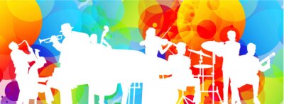 Sticker Silhouetten von Musikern auf regenbogenfarbenem Hintergrund