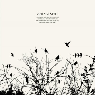 Sticker Silhouetten von Sträuchern und Vögeln auf weißem Hintergrund