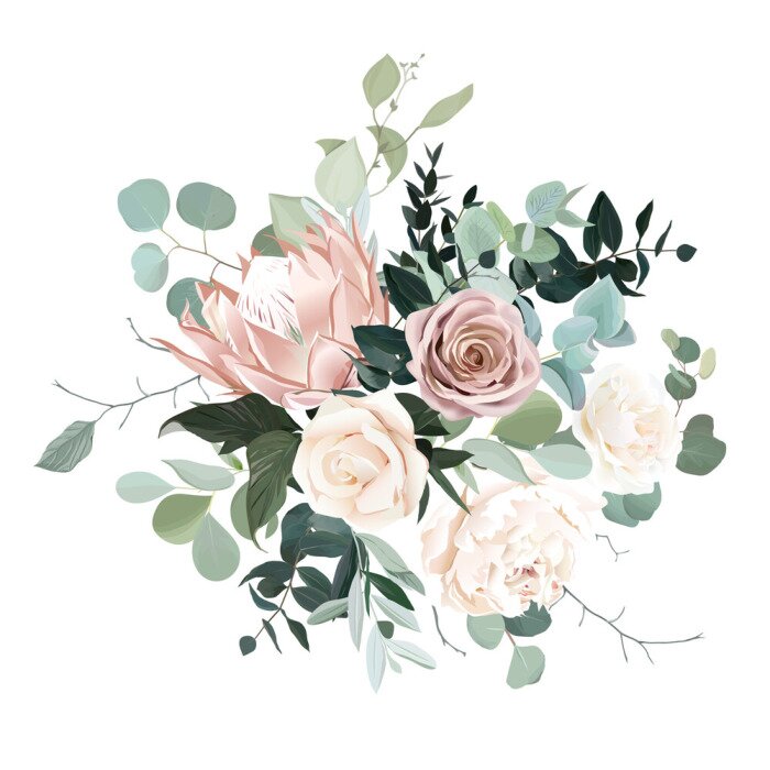 Sticker Silver sage and blush pink flowers vector design bouquet.