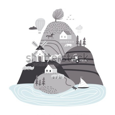 Sticker Skandinavische Landschaft. Handgezeichnete abstrakte skandinavische Grafikillustration des Vektors mit Häusern, Bäumen und Hügeln. Nette Landschaft