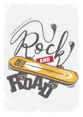 Sticker Skate board urban style t shirt graphic isolated on white background. Rock and road musical tee shirt playful print layout with earphone and skating. 
