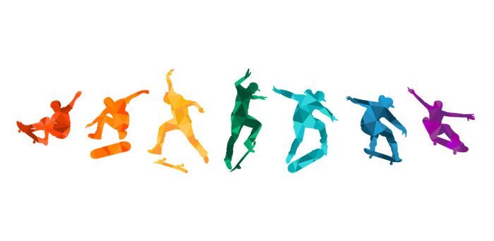 Sticker Skate people silhouettes skateboarders colorful vector illustration background extreme skateboard, skateboarding	