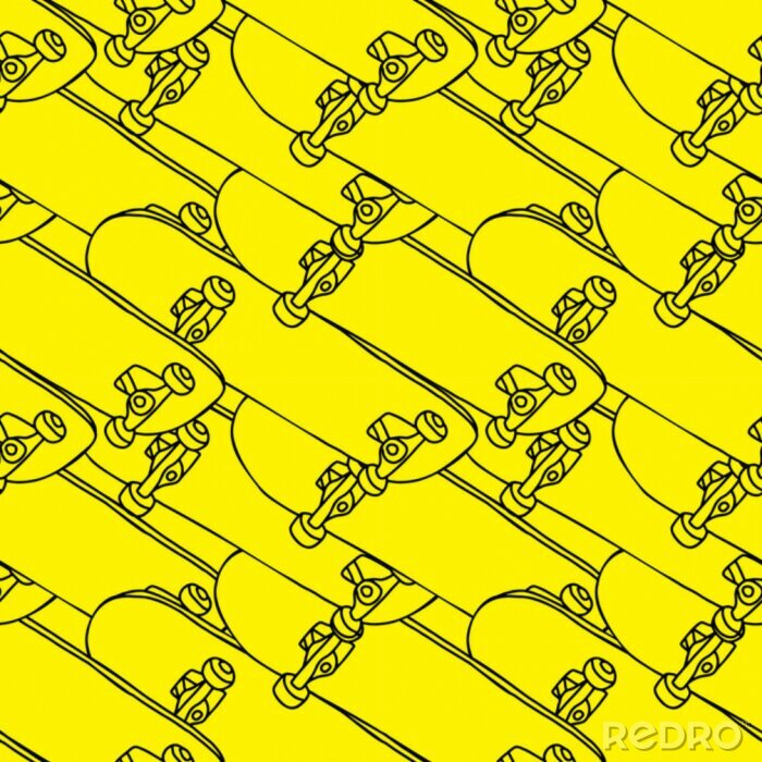 Sticker skateboard in outline style hand drawing vector illustration seamless pattern isolated in yellow background