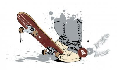 Sticker Skateboard mit seinen Füßen in Turnschuhen und Jeans