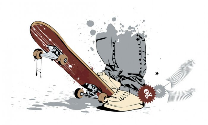 Sticker Skateboard mit seinen Füßen in Turnschuhen und Jeans