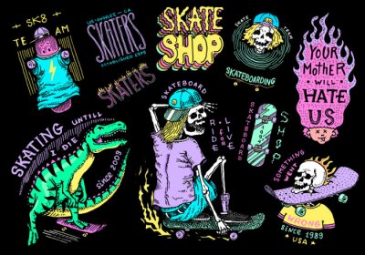 Sticker Skateboard shop stickers set. Dinosaur and skeletons ride on the boards badges. Fiery head and skull. Vintage retro labels for t-shirts and typography. Hand Drawn engraved sketch.