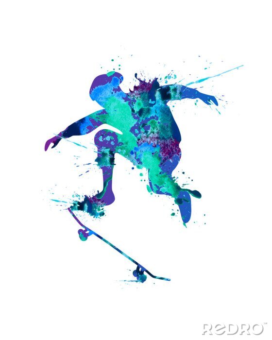Sticker Skateboardfahrer. Blaue Spritzerfarbe