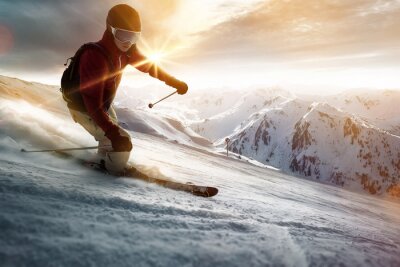Sticker Skifahrer in einem Sonnenuntergang Einstellung