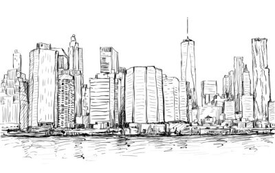 Sticker Skizze des Stadtbildes in New York zeigen Manhattan Midtown mit Wolkenkratzern, Illustration Vektor