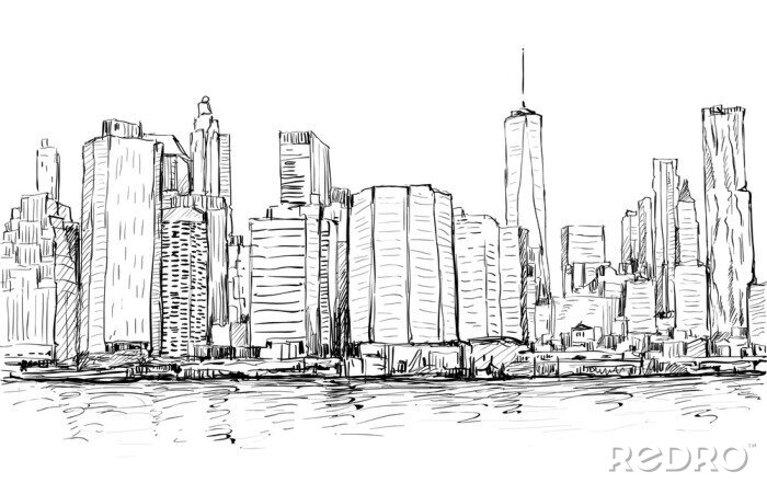 Sticker Skizze des Stadtbildes in New York zeigen Manhattan Midtown mit Wolkenkratzern, Illustration Vektor