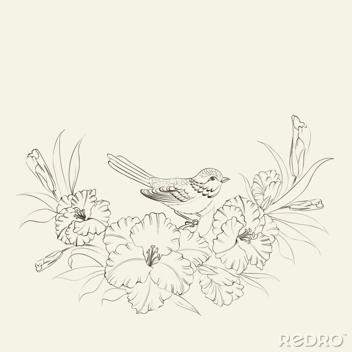 Sticker Skizze eines Vogels auf einem Ast