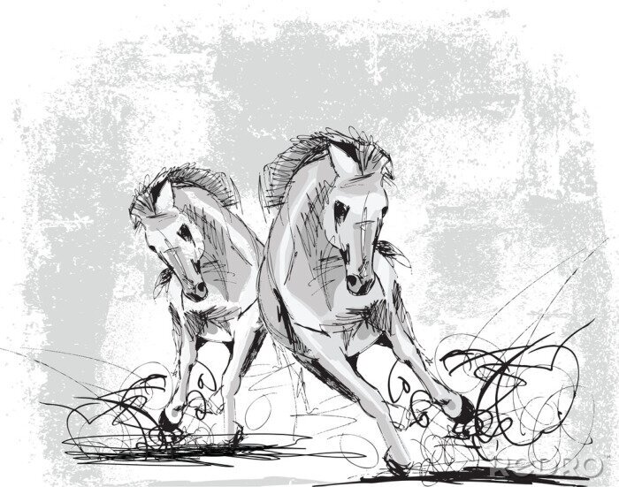 Sticker Skizze mit pferden in bewegung