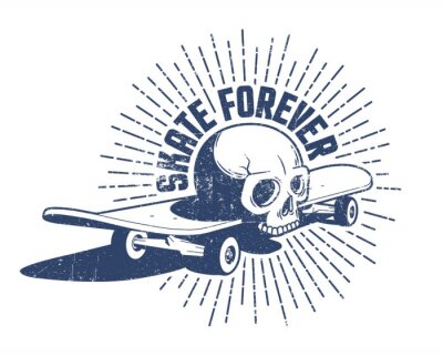 Sticker Skull and skateboard retro emblem. Skate forever vintage print. Grunge distressed texture on a separate layer.