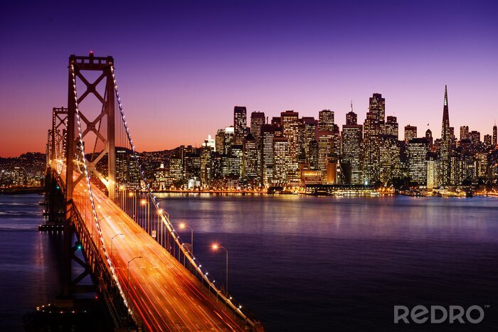 Sticker Skyline von San Francisco und Bay Bridge bei Sonnenuntergang, California
