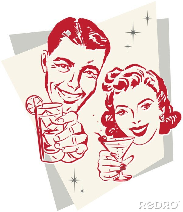 Sticker Smiling 1950er Paar Anheben eines Toasts mit Cocktail-Gläser