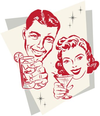 Sticker Smiling 1950er Paar Anheben eines Toasts mit Cocktail-Gläser