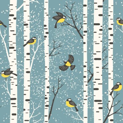 Snowy-Birkenbäume und -vögel auf hellblauem Hintergrund. Nahtloser Vektor-Muster. Perfekt für Stoff-, Tapeten-, Geschenkpapier- oder Postkarten-Design.