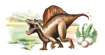 Spinosaurus vor dem Hintergrund einer Aquarell-Landschaft