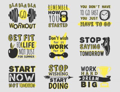 Sticker Sport motivational logo vector design hand drawn element banner gym crossfit trainings motivation text lettering illustration.