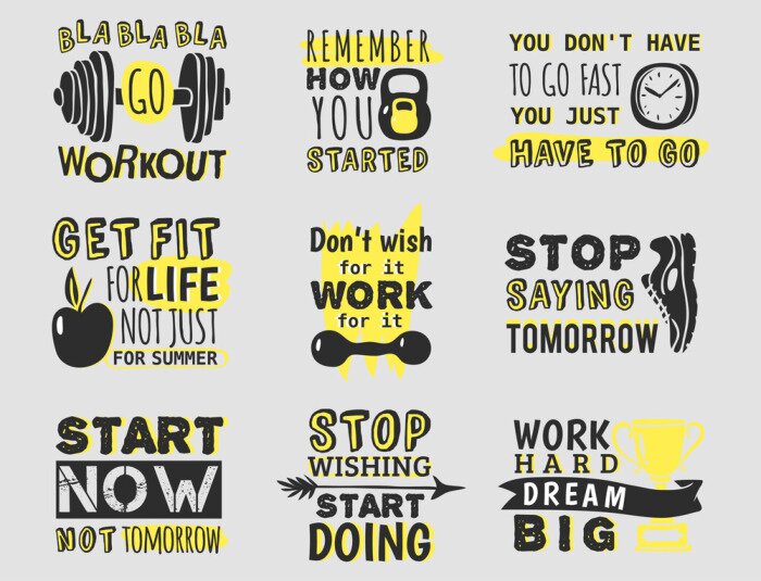 Sticker Sport motivational logo vector design hand drawn element banner gym crossfit trainings motivation text lettering illustration.