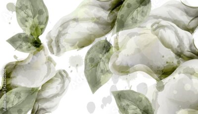 Fototapete Spring white flowers bouquet watercolor background . Roses, peony and delicate blooming flowers. Invitation card, wedding ceremony, delicate postcard, Women day greetings