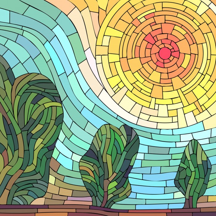 Sticker Square mosaic abstract red sun with trees.