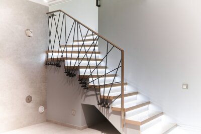 Sticker Stairs to the top. Design stairs made of metal and wood. backed up. Metal railing in black