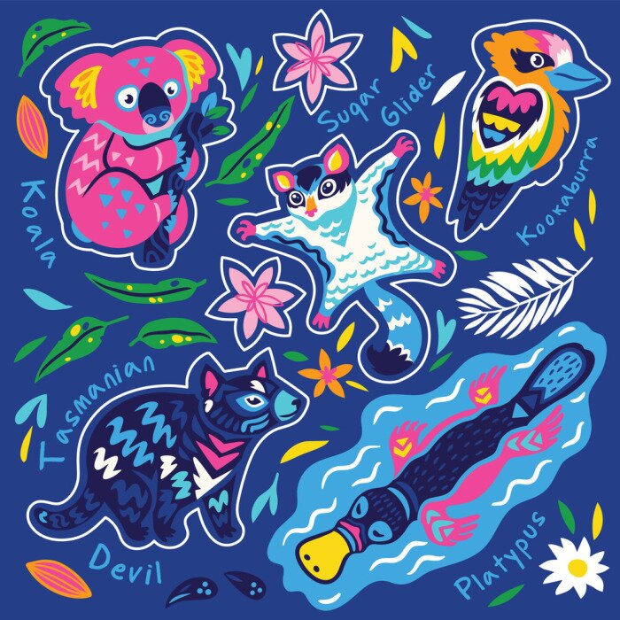 Sticker Sticker set of decorative australian animals stickers, badges, icons, patches, design elements. Vector illustration